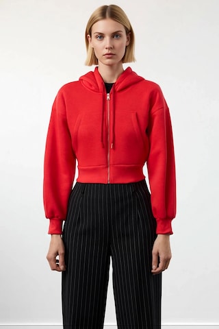Benerly Kadın Kapüşonlu Düşük Kol Fermuarlı Örme Sweatshirt Fonksiyonel D Kırmızı