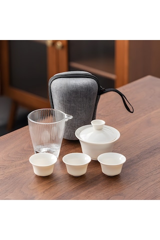 Seramik Seyahat Gaiwan Kungfu Çay Seti, Çin Beyaz Porselen Çay Kase Seti, Mat Ve Demlik İle, Ev İşletmesi Dış Mekan Otel İçin Taşınabilir Beyaz