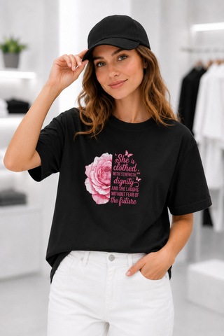 Bayloranzzo Rose Art %100 Pamuk Heavy Cotton Premium Kalite Kadın Tişört Siyah