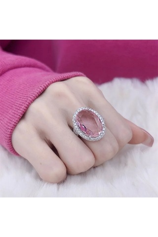 925 Ayar Gümüş Ayarlanabilir Oval Pembe Zirkon Taşlı Yüzük