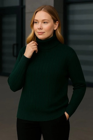 Kadın Balıkcı Yaka Bağazlı Triko Kazak Pamuklu Kalın Fitilli Dokuma - Haki Haki