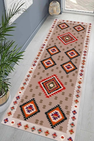 Pelangi Kilim Desenli Etnik Dijital Baskı Yıkanabilir Kaymaz Taban Modern Salon Halı Ve Yolluk, Bej 60 X 200, 9554118 Çok Renkli