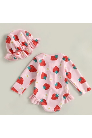 Pembe Çilek Desenli Kolay Giydirilebilir Şirin Şapkalı Mayo Seti Pembe