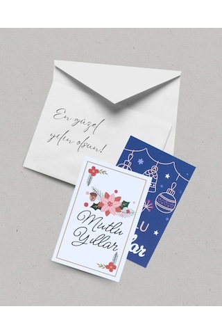 Yılbaşı Mutlu Yıllar Yazılı Hediye Kart Seti, Çiçek Temalı Paketleme Kartı, 25 Adet-6,5x10 Cm, Beyaz