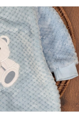 101 Dalmaçyalı Peluş Ayıcık Nakışlı Patikli Çıtçıtlı Kışlık Erkek Bebek Tulum Buz Mavi