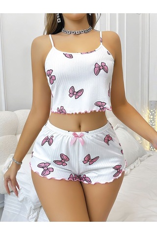 Terrien Premium Baskılı Model Ev Giysisi Doğum Günü Hediyesi Desenli Şortlu Pijama Takımı Beyaz - Pembe