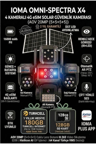 4 Kameralı, 4g Sim Kartlı, Yıllık 180gb Turkcell İnternet Ve 128gb Sd Kart Dahil, Çakarlı, Sirenli 2 Solar Panel