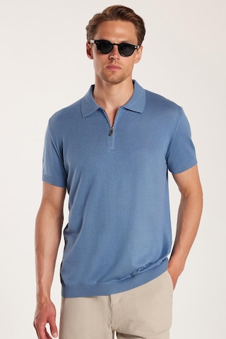 Tudors Erkek Slim Fit Dar Kesim Pamuklu Örme Triko Fermuarlı İndigo Polo Yaka Tişört-33748 Indigo
