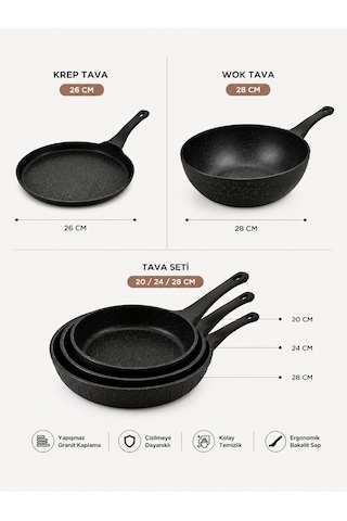 Terra Chef Set 5 Parça Döküm Granit Tava Seti 20-24-28 Cm Tava 28 Cm Wok Tava 26 Cm Krep Tava Siyah Yapışmaz Yüzey