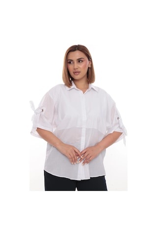 Lady Majestic Cotton Büyük Beden Kadın Pamuklu Gömlek Rahat Kesim, Düğmeli, Volan Kol Detaylı Beyaz