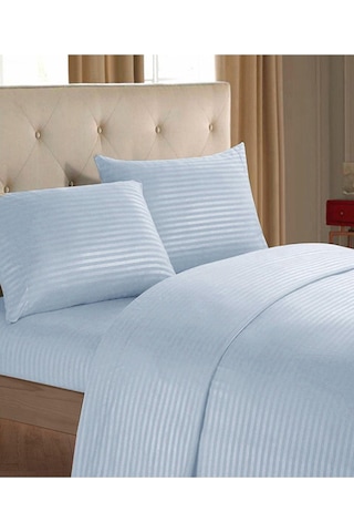 Evlen Home Line Pamuklu Nevresim Takımı 4 Parça Çizgili Saten Nevresim Seti Otel Nevresim Mavi