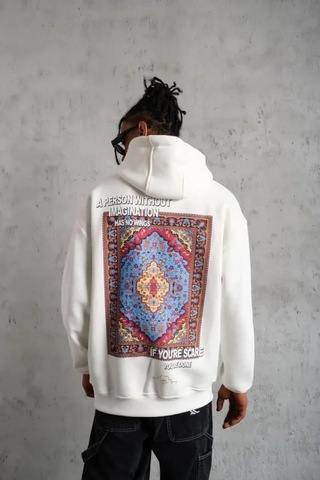Vexor Erkek Kilim Desen Kapüşonlu Sweat- Beyaz