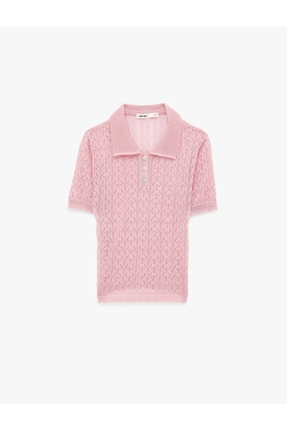 Koton Koton X Melis Ağazat - Viskon Kısa Kollu Polo Yaka Ajurlu Triko Kazak Pembe 6sak90206ht Gülkurusu