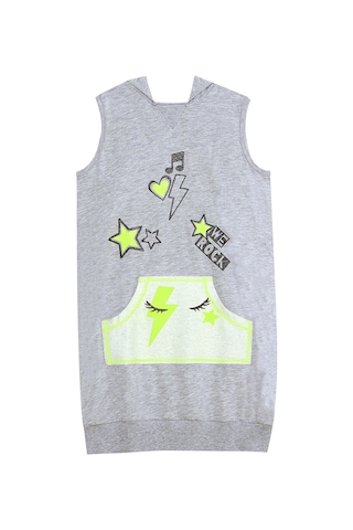 Denokids We Rock Gri Melanj Kapüşonlu Cepli Kolsuz Kız Çocuk Elbise