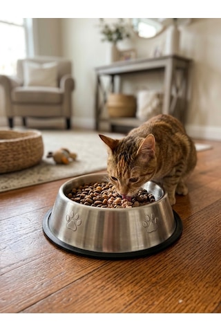 Paslanmaz Çelik Kedi Köpek Mama Ve Su Kabı - Pati Desenli Kaymaz Taban 22 Cm