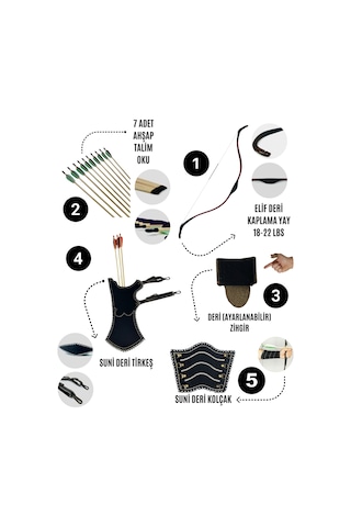 Geleneksel Okçuluk Başlangıç Seti - Elif Yay Kaplamalı + 7 Ok + Zihgir + Tirkeş + Kolçak