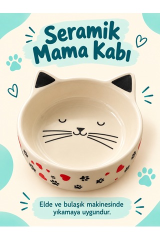 Kedi Yüzü Desenli Seramik Mama Ve Su Kabı Kedi Kulaklı