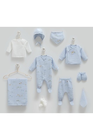 Müslin Safari 10'lu Set Yazlık Hastane Çıkışı Zıbın Seti Mavi