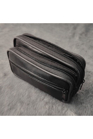 Falconetti Siyah Gerçek Deri Fermuarlı İki Göz Pipo Çantası  Py30