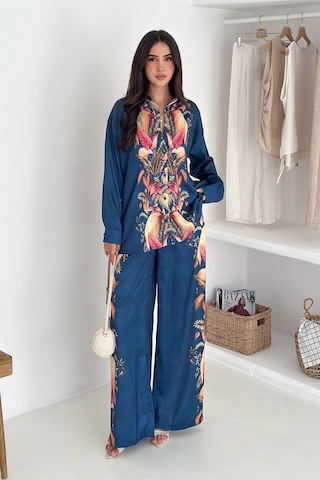 Saten Kumaş Desenli Takım Lacivert Lacivert