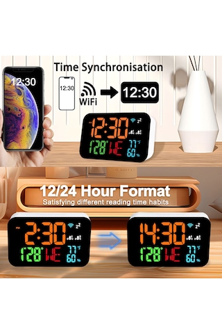 Tuya Wifi Masaüstü Saat Takvim Akıllı Termometre Higrometre Dijital Led Ekran Desteği Wıfı Otomatik Kalibrasyon/4 Seviyeli Ayarlanabilir Parlaklık/app Uzaktan Görüntüleme/yüksek Sıcaklık Uya