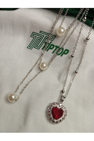 Tiptop/ Bordo Taş Kalp Model Gümüş Renk Kolye - Üç Katmanlı Üç İnci Kolye Set Gümüş - Rose Gold