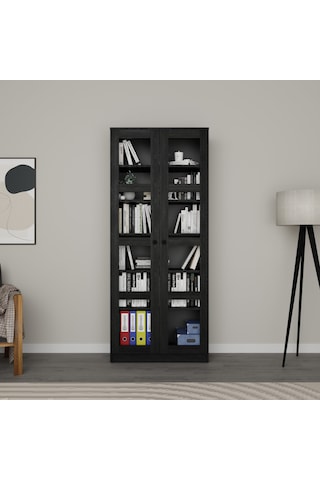 Lucas Cam Kapaklı Vitrin - Büfe - Kitaplık Ve Çok Amaçlı Dolap Ayarlanabilir Raf - Siyah Siyah