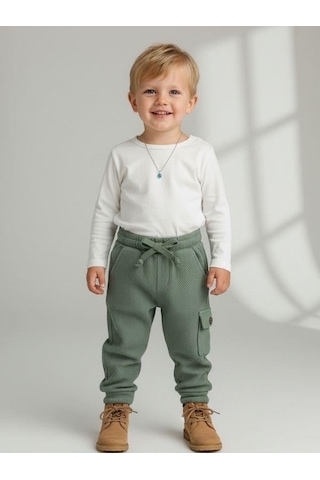 Zekids Erkek Çocuk Beli Lastikli Dokulu Kargo Pantolon-15728 Yeşil