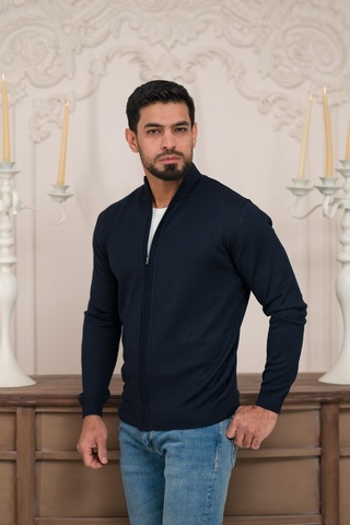 Woolen World Regular Fit Dik Yaka İnce Baharlık Triko Hırka Lacivert