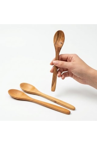 3'lü Doğal Ahşap Kaşık Seti - El Yapımı Uzun Tatlı, Bal, Kahve Ve Baharat Kaşığı 20x3 Cm