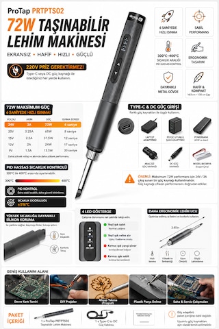 Protap Ts02 Lite 72w Taşınabilir Lehim Makinesi 300-400 C Pıd Isı Kontrollü Type-c Giriş 6 Saniyede Isınma