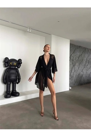Semel Kadın Şık Tasarım Siyah Dantel İşlemeli Body Suit Ve Tül Gecelik Takımı