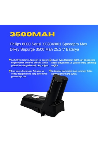 Philips 8000 Serisi Xc8349/01 Speedpro Max Dikey Süpürge 3500 Mah 25.2 V Batarya Uyumlu Uzun Ömürlü, Maksimum Performans Pil