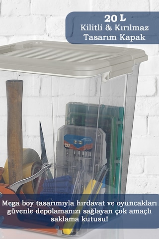 2'li Megabox 20l Saklama Kabı - Kilitli Kapaklı Çok Amaçlı Düzenleyici Kiler Depolama Oyuncak Kutusu Bej