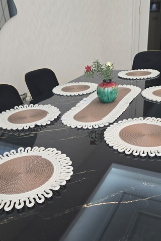 6 Lı Supla 1 Runner 1 Örgülü Dekoratif Ekmek Sepeti Seti Açık Kahve Krem Desenli Sunumluk Açık Kahve - Krem