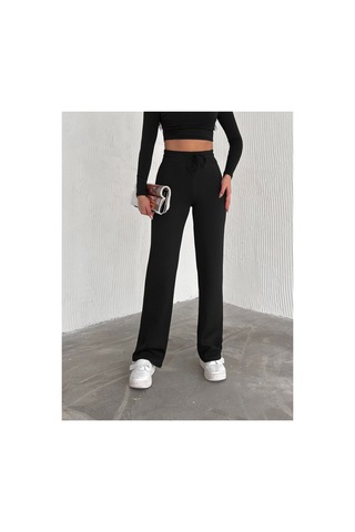 Dechival Kadın Bol Paça Fitilli Pantolon Yazlık Wide Leg Eşofman Altı Siyah