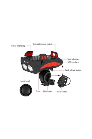 Forte GT Bisiklet Işık çok fonksiyonlu 4 IN 1  400 lümen bisiklet kornası telefon tutucu Power bankası Ön ışık Xbyc 6139 Kırmızı