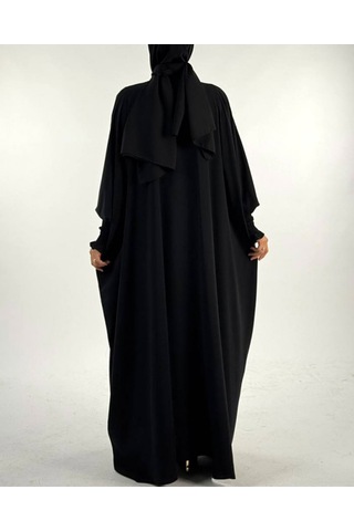 Düğme Detaylı Yarasa Kol Medine İpeği Cilbab Siyah