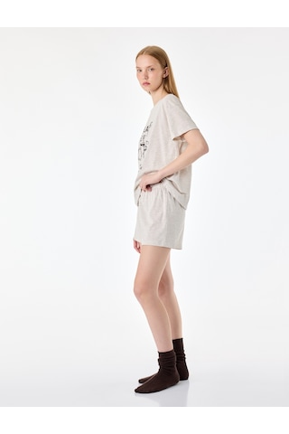 Koton Baskılı Kısa Kollu Bisiklet Yaka Pamuklu Şortlu Pijama Takımı Bej Melanj 7wlk40265mk