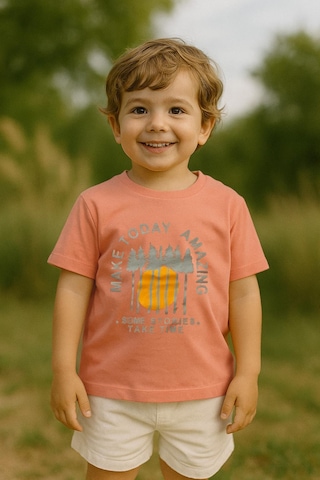 Erkek Çocuk %100 Pamuklu Baskılı Kısa Kollu Tişört - Somon 3-4 Yaş 8-9 Yaş Somon