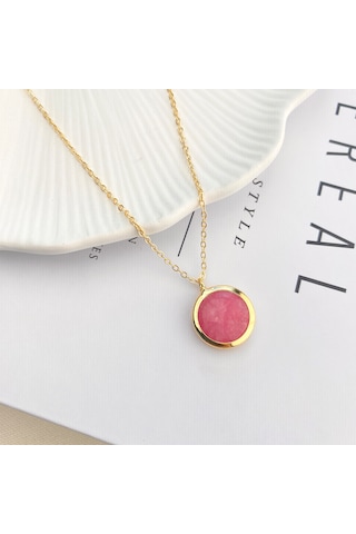 Doğaltaş Kolye Pembe Kuvars Kolye Kaplama Çerçeveli Gold 45cm Gold