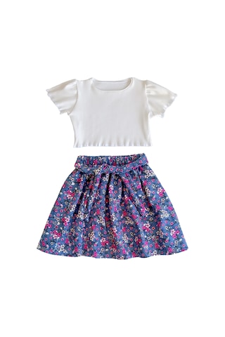 Etekli Crop Takım, Çiçekli Gri-mavi Etek - Ekru Crop Ekru-griçiçekli Ekru - Gri