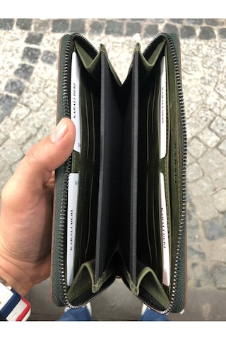 Karalı Deri Unisex Koyu Yeşil Hakiki Deri Telefon Bölmeli Kartlıklı Cüzdan El Portföyü Yeşil
