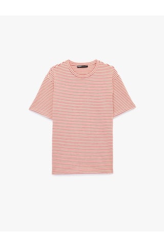 Koton Regular Fit Kısa Kollu Pamuklu Bisiklet Yaka Çizgili Tişört Kırmızı Çizgili 6sam10363mk