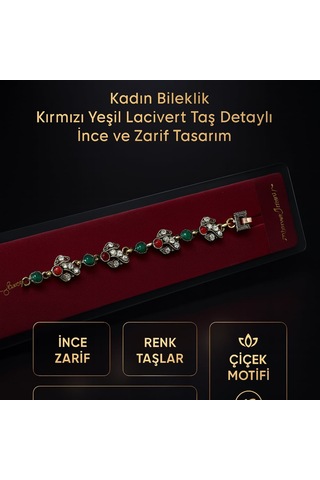 Kadın Bileklik Kırmızı Yeşil Lacivert Taş Detaylı İnce Ve Zarif Tasarım Altın - Çok Renkli