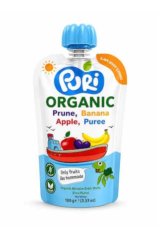 Organic %100 Organik Meyve Püresi Mürdüm Erik Muz Elma 100 G İlave Şekersiz