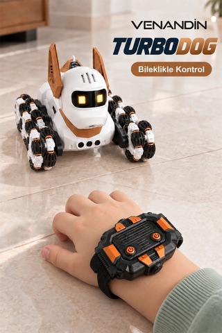 Venandin Turbo Dog Uzaktan Kumandalı Akrobatik Robot Köpek - 8 Tekerlekli, Bileklik Kontrollü, Işıklı Şarjlı Akıllı Oyuncak