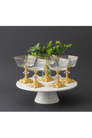 Çnr Home Collection Kare 6 Parça Döküm Ayakli Sunum Seti Magnolia Dondurmalik Cup Çerezlik Gold