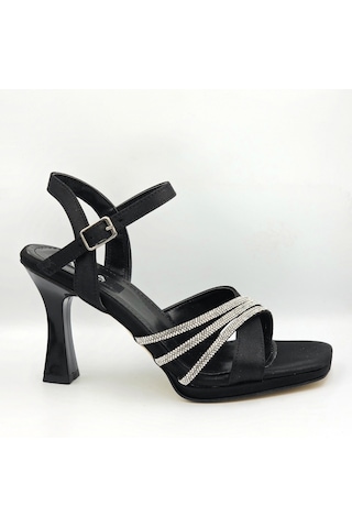 Asya 104070 Siyah Saten Taş Detaylı Platform Topuklu 8cm Kadın Abiye Sandalet Ayakkabı