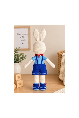 El Yapımı Amigurumi Tavşan Oyuncak Mavi Tulumlu Kırmızı Papyonlu 48 Cm